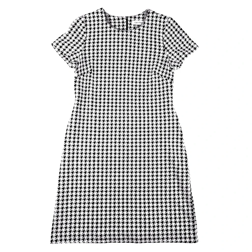 Calvin Klein Houndstooth Sheath Dress Women 6 Black White Short Sleeve Workwear
